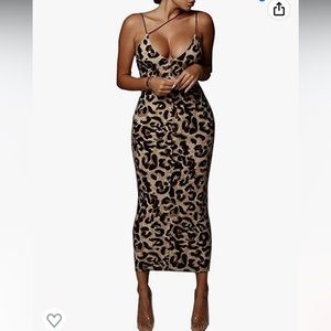 Sexy cheetah Asymmetrical Spaghetti Strap Deep V-Neck Bodycon Midi Club Dress